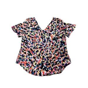 Metaphor Women L Multicolor Abstract V-Neck Short Sleeve Blouse Top
